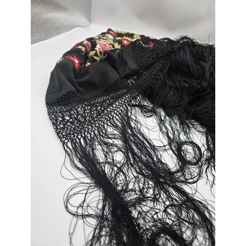 Vintage Embroidered Piano Shawl Black Floral Fringe 47x47 Spanish Style Wrap - Picture 5 of 6